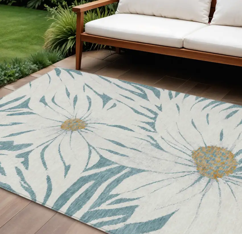 Teal Blue Ivory And Gold Floral Washable Indoor Outdoor Area Rug Photo 1