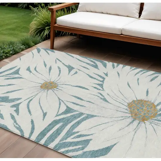 Teal Blue Ivory And Gold Floral Washable Indoor Outdoor Area Rug Photo 1