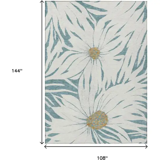 Teal Blue Ivory And Gold Floral Washable Indoor Outdoor Area Rug Photo 3
