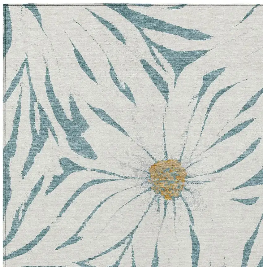 Teal Blue Ivory And Gold Floral Washable Indoor Outdoor Area Rug Photo 6