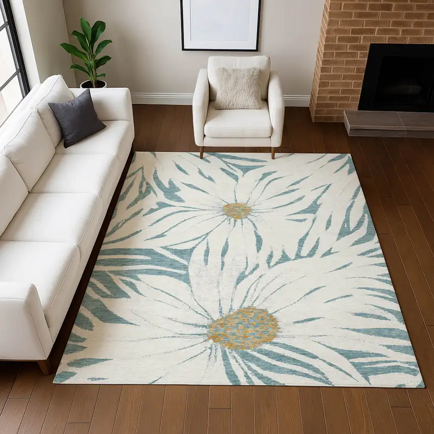 Teal Blue Ivory And Gold Floral Washable Indoor Outdoor Area Rug Photo 6