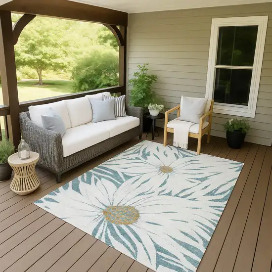 Teal Blue Ivory And Gold Floral Washable Indoor Outdoor Area Rug Photo 5