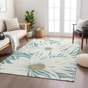 Photo of Teal Blue Ivory And Gold Floral Washable Indoor Outdoor Area Rug