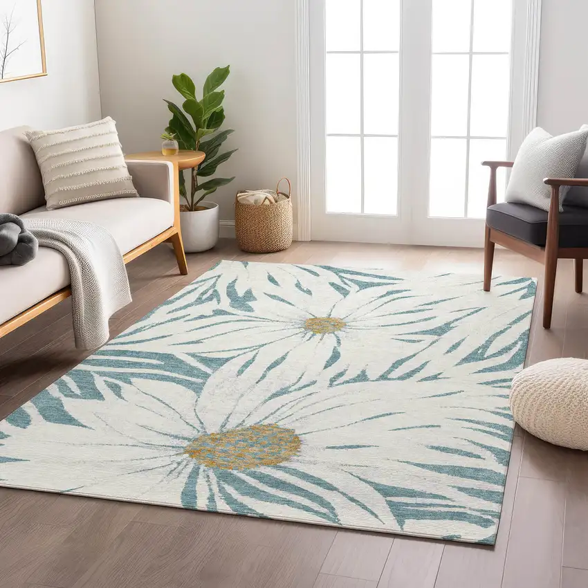 Teal Blue Ivory And Gold Floral Washable Indoor Outdoor Area Rug Photo 7