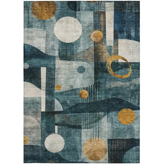 Teal Blue Ivory And Gold Geometric Washable Indoor Outdoor Area Rug Photo 7