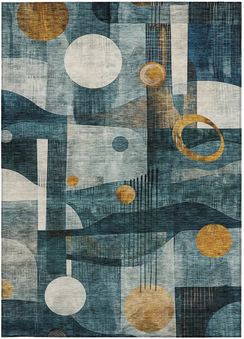 Teal Blue Ivory And Gold Geometric Washable Indoor Outdoor Area Rug Photo 7