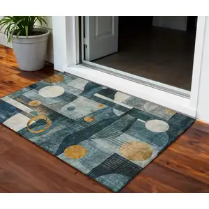 Photo of Teal Blue Ivory And Gold Geometric Washable Indoor Outdoor Area Rug
