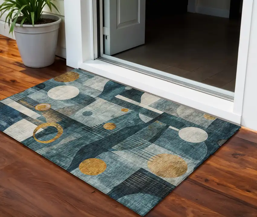 Teal Blue Ivory And Gold Geometric Washable Indoor Outdoor Area Rug Photo 1
