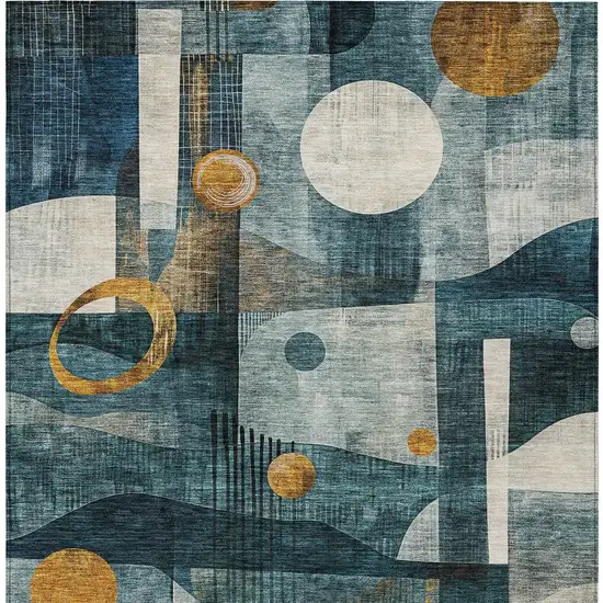 Teal Blue Ivory And Gold Geometric Washable Indoor Outdoor Area Rug Photo 6