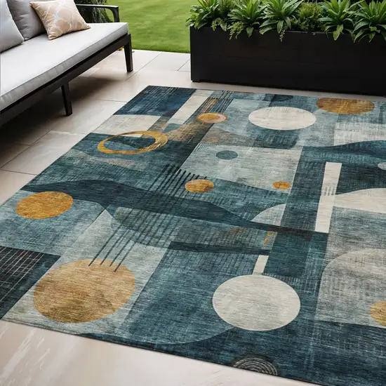 Teal Blue Ivory And Gold Geometric Washable Indoor Outdoor Area Rug Photo 1
