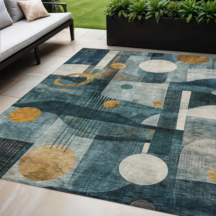 Teal Blue Ivory And Gold Geometric Washable Indoor Outdoor Area Rug Photo 1