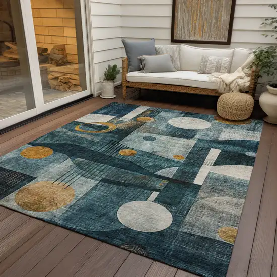 Teal Blue Ivory And Gold Geometric Washable Indoor Outdoor Area Rug Photo 8
