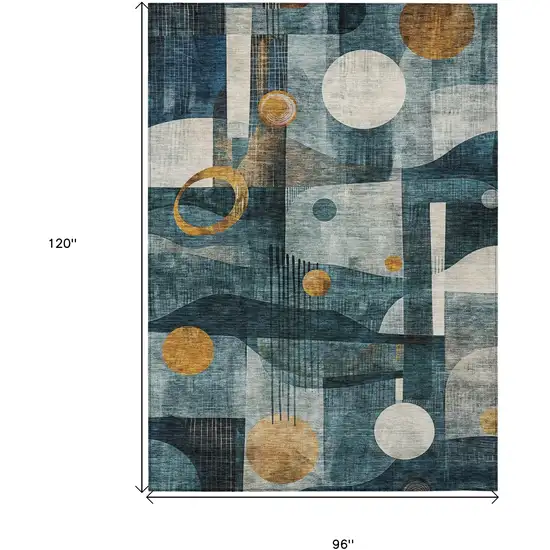 Teal Blue Ivory And Gold Geometric Washable Indoor Outdoor Area Rug Photo 8