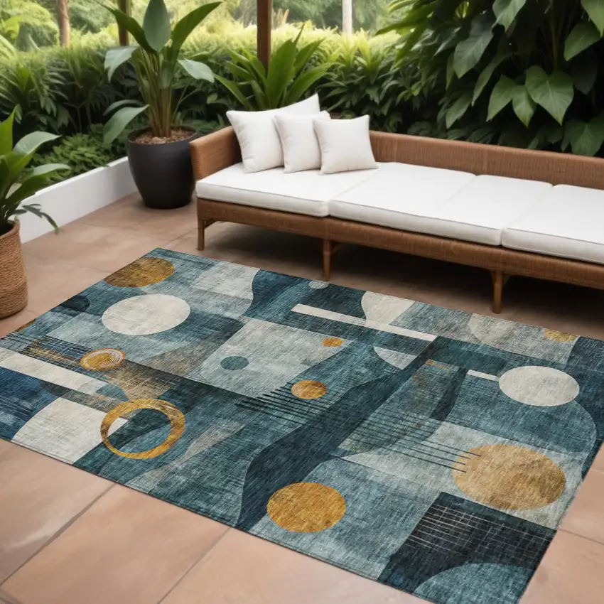 Teal Blue Ivory And Gold Geometric Washable Indoor Outdoor Area Rug Photo 1