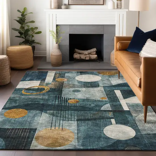 Teal Blue Ivory And Gold Geometric Washable Indoor Outdoor Area Rug Photo 9