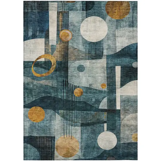 Teal Blue Ivory And Gold Geometric Washable Indoor Outdoor Area Rug Photo 2