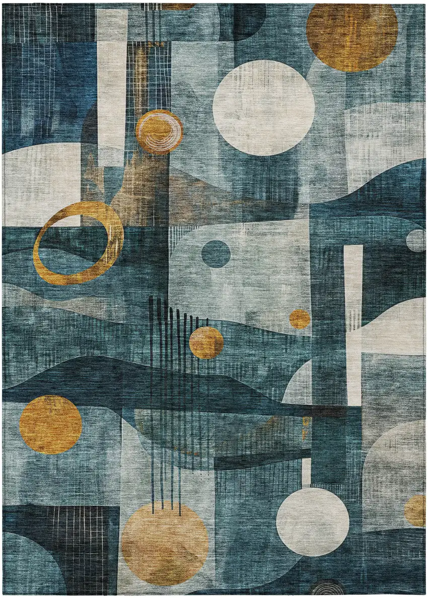 Teal Blue Ivory And Gold Geometric Washable Indoor Outdoor Area Rug Photo 2