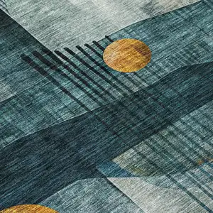 Photo of Teal Blue Ivory And Gold Geometric Washable Indoor Outdoor Area Rug
