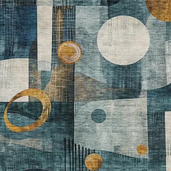 Teal Blue Ivory And Gold Geometric Washable Indoor Outdoor Area Rug Photo 6