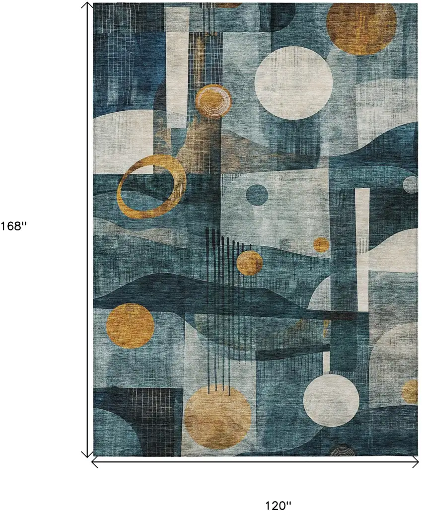 Teal Blue Ivory And Gold Geometric Washable Indoor Outdoor Area Rug Photo 8