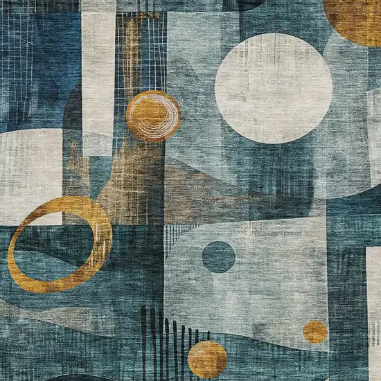 Teal Blue Ivory And Gold Geometric Washable Indoor Outdoor Area Rug Photo 6