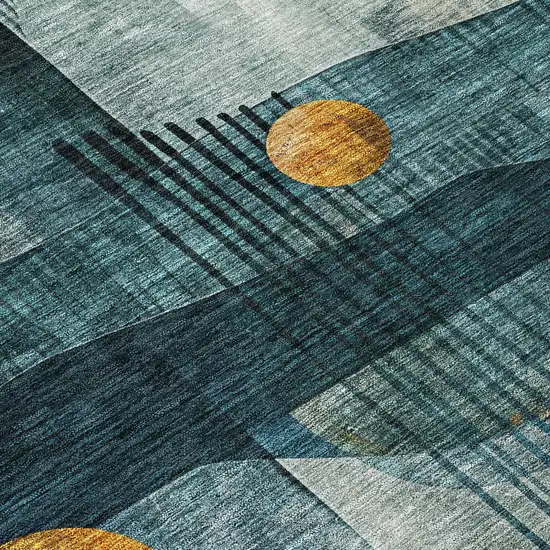 Teal Blue Ivory And Gold Geometric Washable Indoor Outdoor Area Rug Photo 4