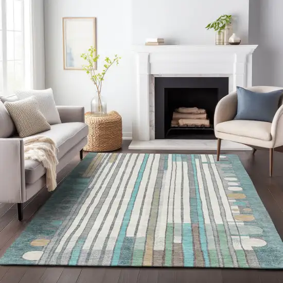 Teal Blue Ivory And Gold Geometric Washable Indoor Outdoor Area Rug Photo 8