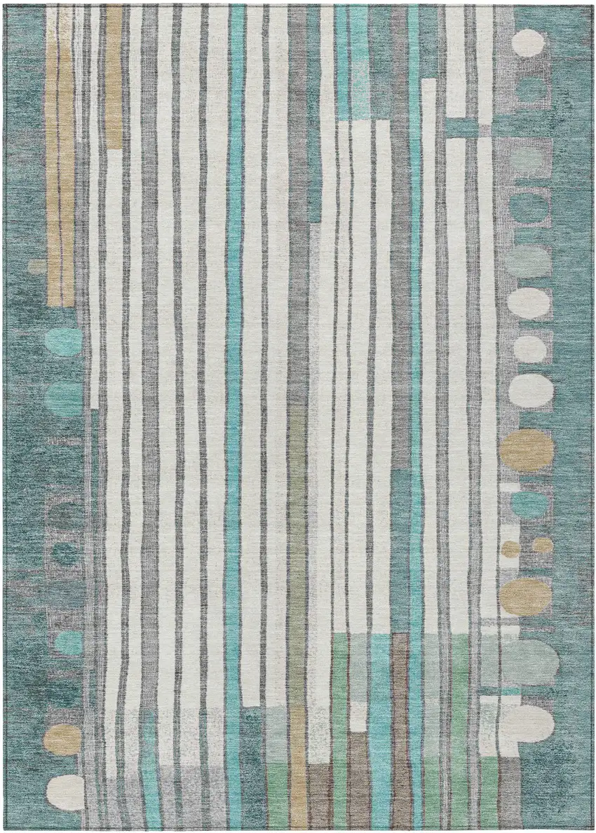 Teal Blue Ivory And Gold Geometric Washable Indoor Outdoor Area Rug Photo 1