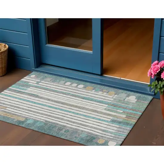 Teal Blue Ivory And Gold Geometric Washable Indoor Outdoor Area Rug Photo 2