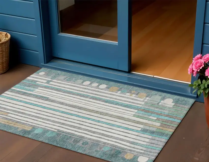 Teal Blue Ivory And Gold Geometric Washable Indoor Outdoor Area Rug Photo 2