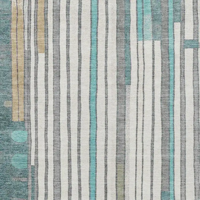 Teal Blue Ivory And Gold Geometric Washable Indoor Outdoor Area Rug Photo 5