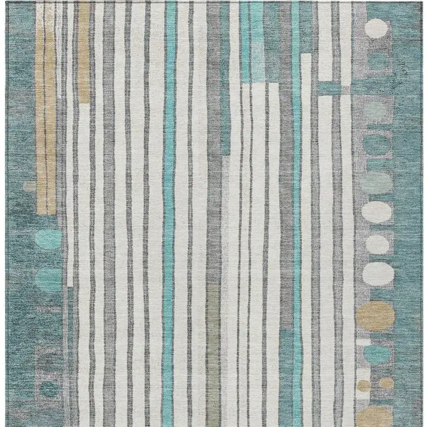 Teal Blue Ivory And Gold Geometric Washable Indoor Outdoor Area Rug Photo 4