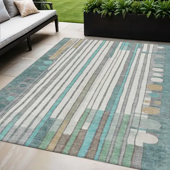 Teal Blue Ivory And Gold Geometric Washable Indoor Outdoor Area Rug Photo 2