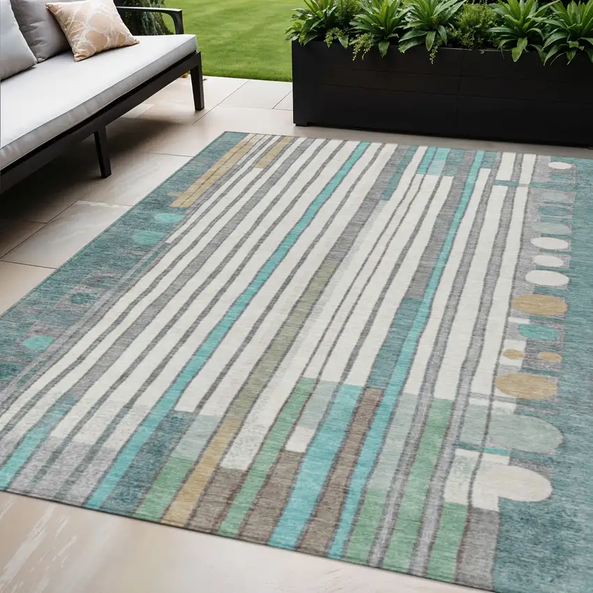 Teal Blue Ivory And Gold Geometric Washable Indoor Outdoor Area Rug Photo 2
