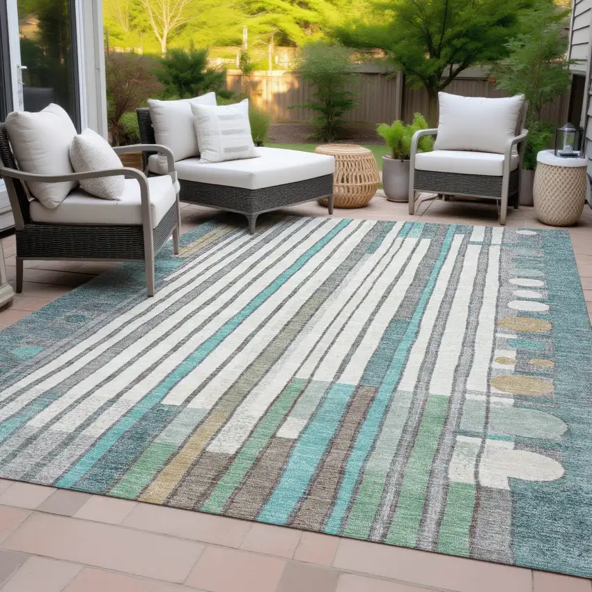 Teal Blue Ivory And Gold Geometric Washable Indoor Outdoor Area Rug Photo 8