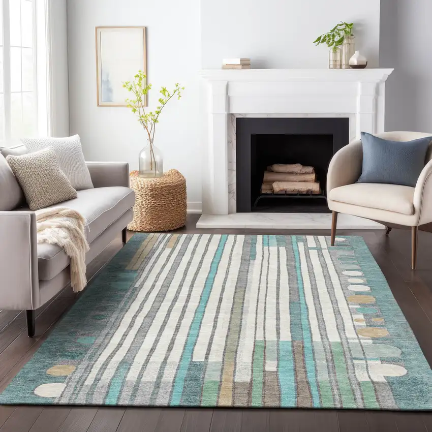 Teal Blue Ivory And Gold Geometric Washable Indoor Outdoor Area Rug Photo 7