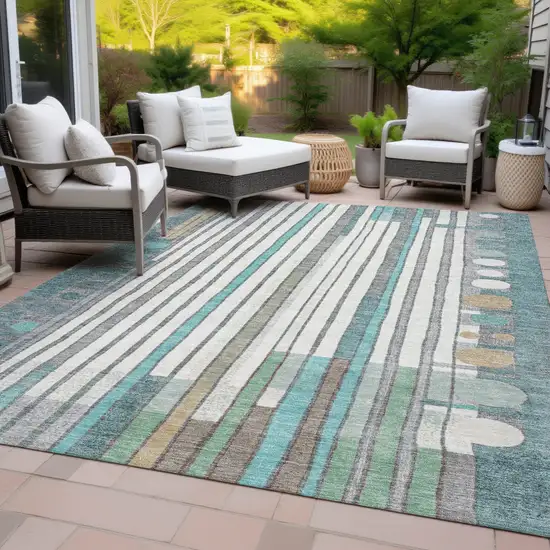 Teal Blue Ivory And Gold Geometric Washable Indoor Outdoor Area Rug Photo 8