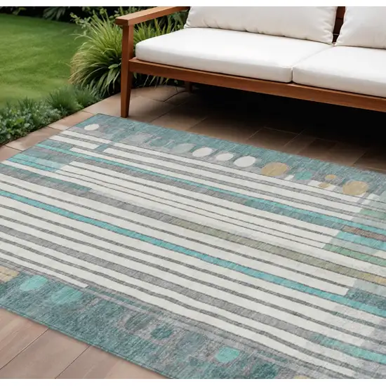 Teal Blue Ivory And Gold Geometric Washable Indoor Outdoor Area Rug Photo 2