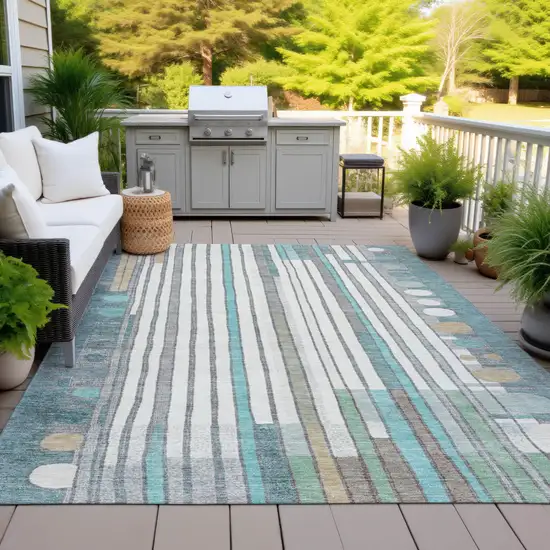 Teal Blue Ivory And Gold Geometric Washable Indoor Outdoor Area Rug Photo 5