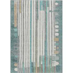 Photo of Teal Blue Ivory And Gold Geometric Washable Indoor Outdoor Area Rug