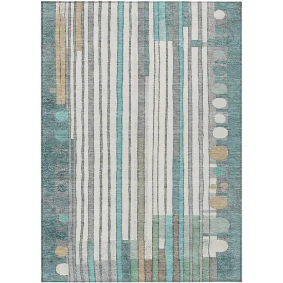 Teal Blue Ivory And Gold Geometric Washable Indoor Outdoor Area Rug Photo 1