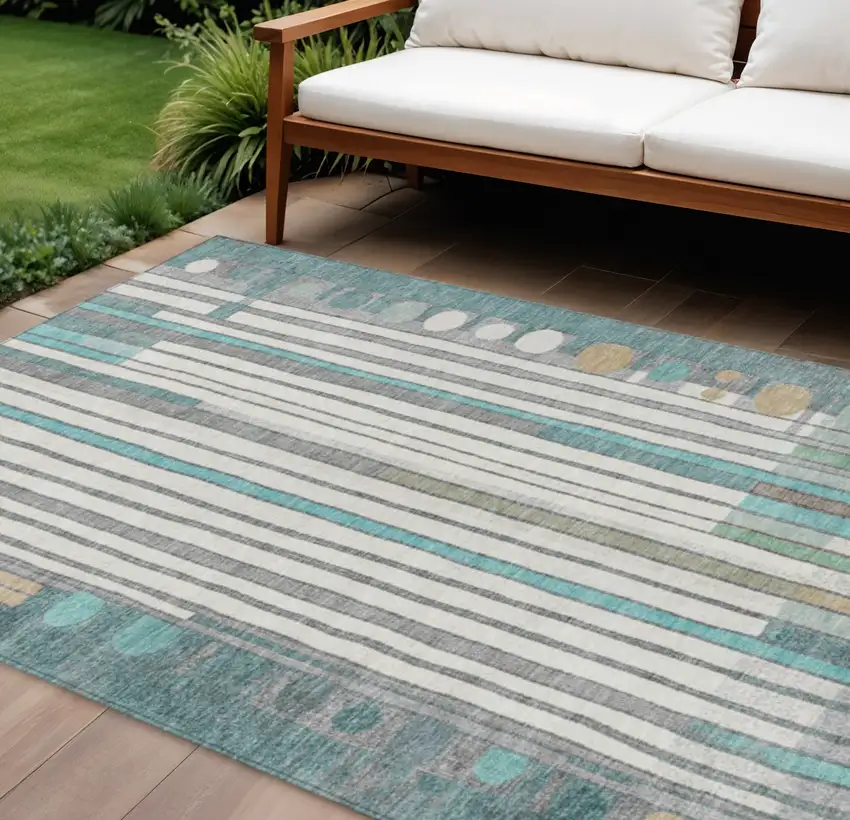 Teal Blue Ivory And Gold Geometric Washable Indoor Outdoor Area Rug Photo 2