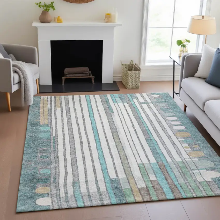 Teal Blue Ivory And Gold Geometric Washable Indoor Outdoor Area Rug Photo 7