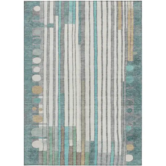 Teal Blue Ivory And Gold Geometric Washable Indoor Outdoor Area Rug Photo 3