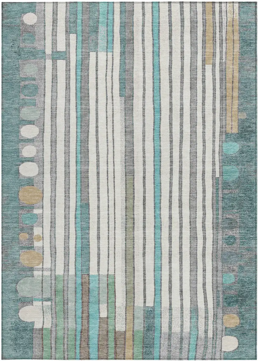 Teal Blue Ivory And Gold Geometric Washable Indoor Outdoor Area Rug Photo 3