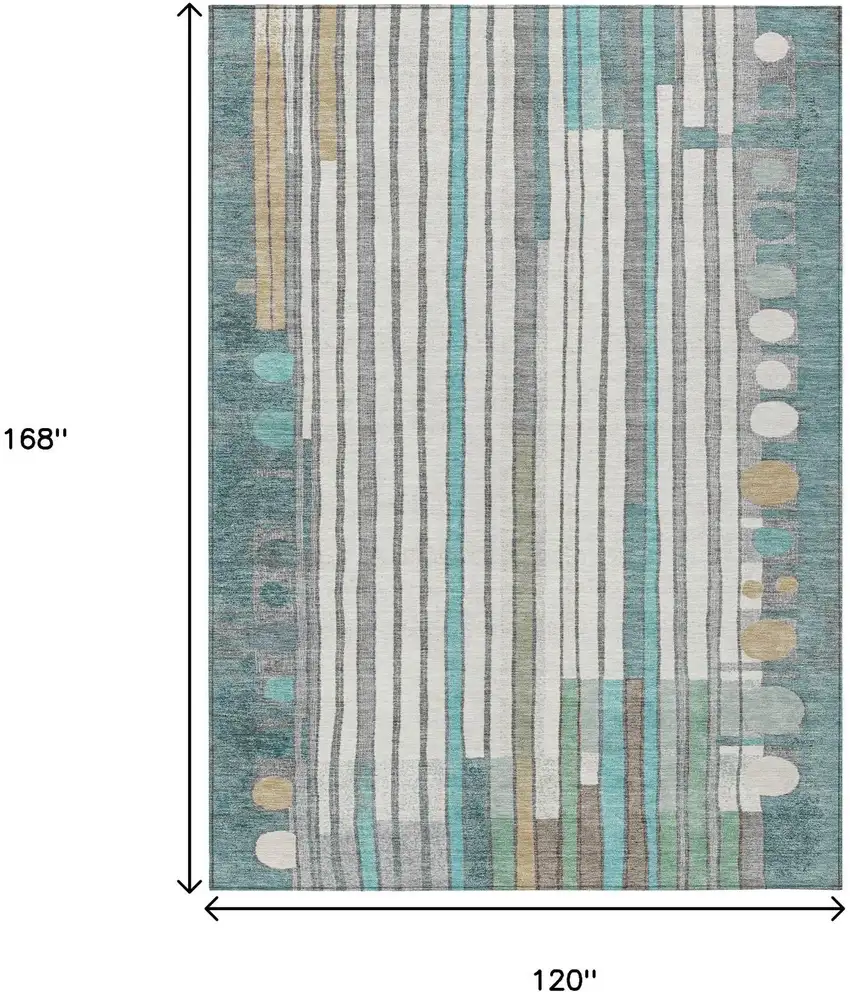 Teal Blue Ivory And Gold Geometric Washable Indoor Outdoor Area Rug Photo 9