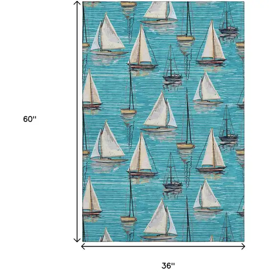Teal Blue Ivory And Gold Nautical Washable Area Rug With UV Protection Photo 4