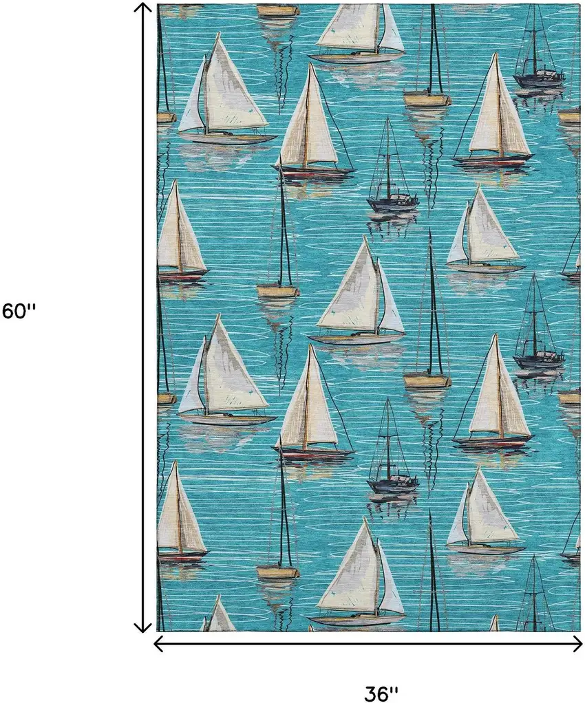 Teal Blue Ivory And Gold Nautical Washable Area Rug With UV Protection Photo 4