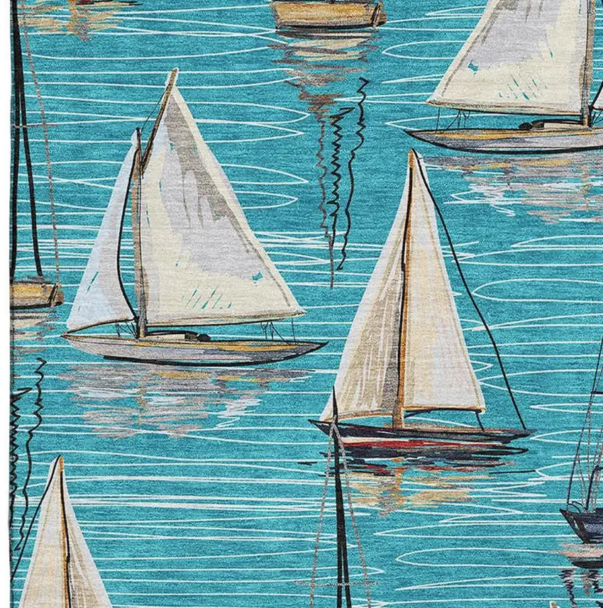 Teal Blue Ivory And Gold Nautical Washable Area Rug With UV Protection Photo 5