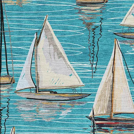 Teal Blue Ivory And Gold Nautical Washable Area Rug With UV Protection Photo 3